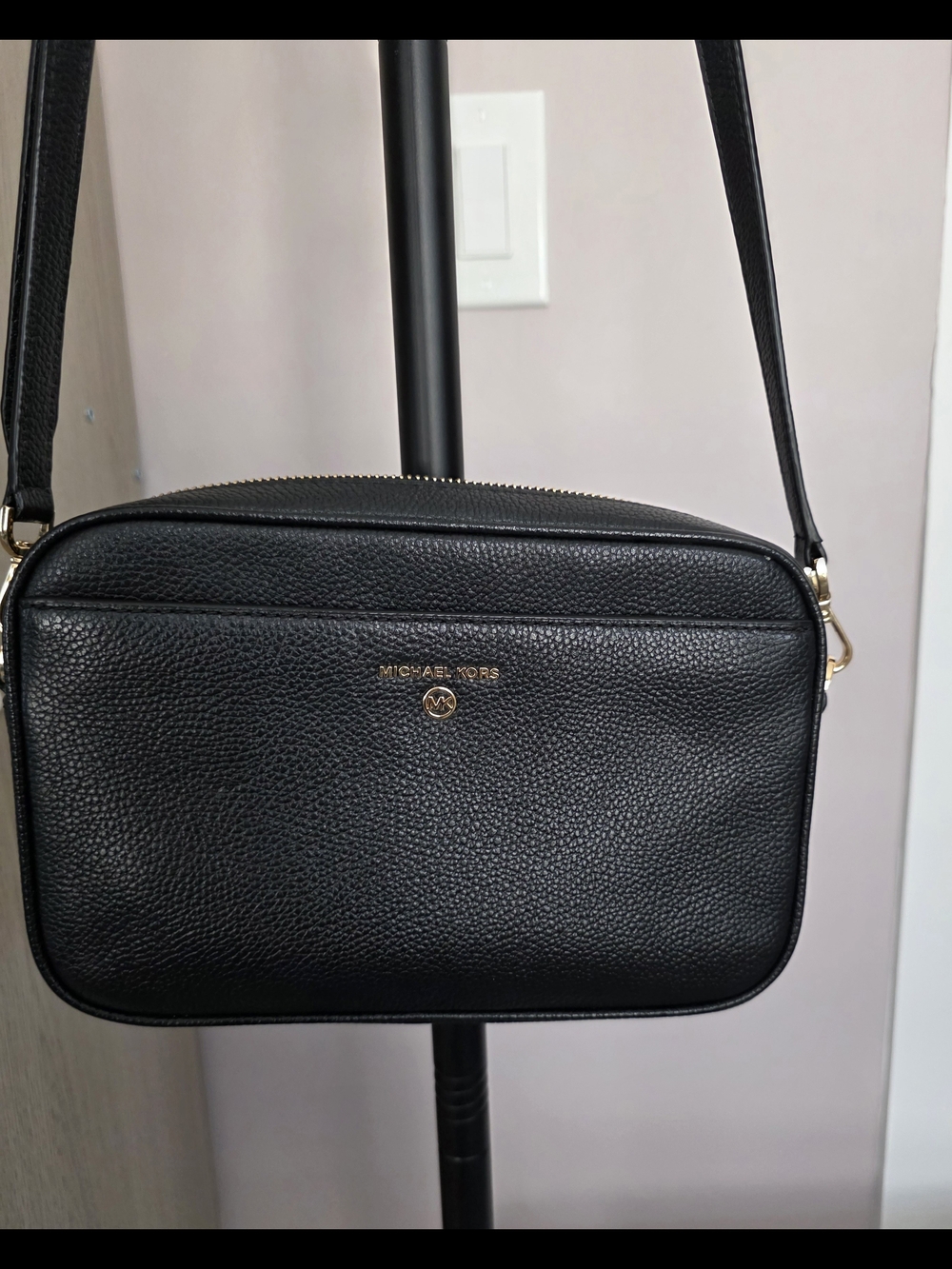 Michael Kors Black Pebbled Leather Camera Bag with Gold Accents